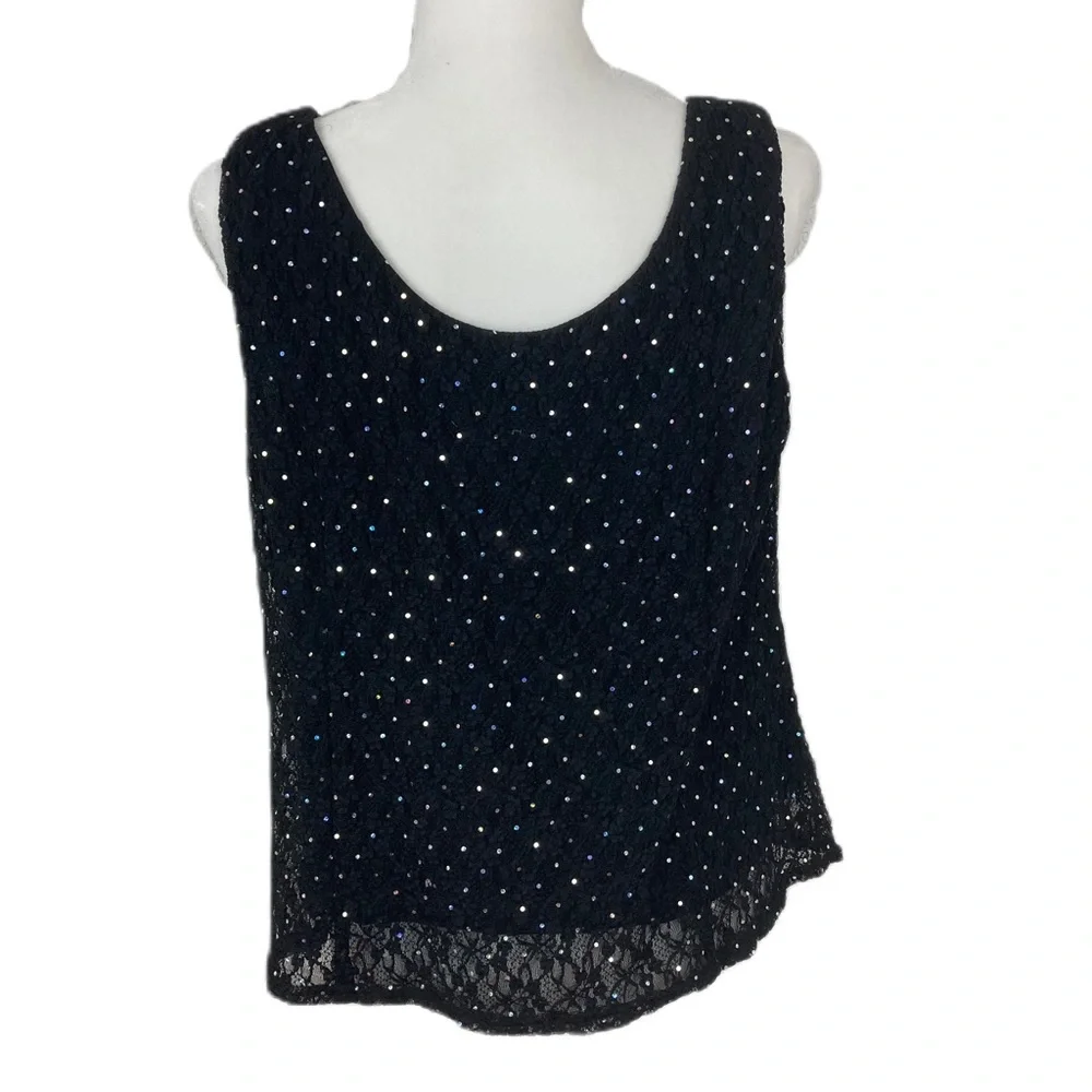 R&M Richards VTG 90s Glam Black Sequin Sleeveless Nylon Blend 16 WP NWOT